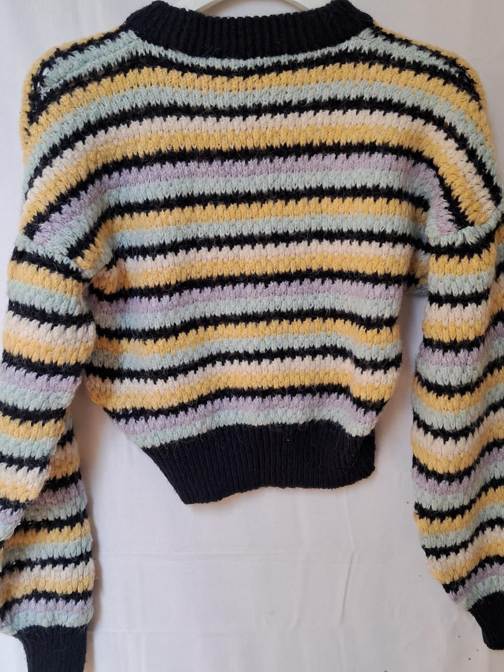 Zara ulti Color Striped Chunky Knit Cropped Sweater Crew Neck Pastel Black Boho - Picture 6 of 12